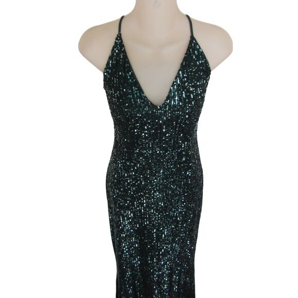 Ricarica Boutique Emerald Green Sequin Lace-Up Maxi Formal Dress - Picture 2 of 5